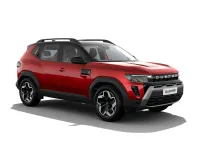 Three-quarter profile of the Renault Duster Techno Plus in Sunset Red with a black dual-tone (DT) roof and diamond-cut wheels.